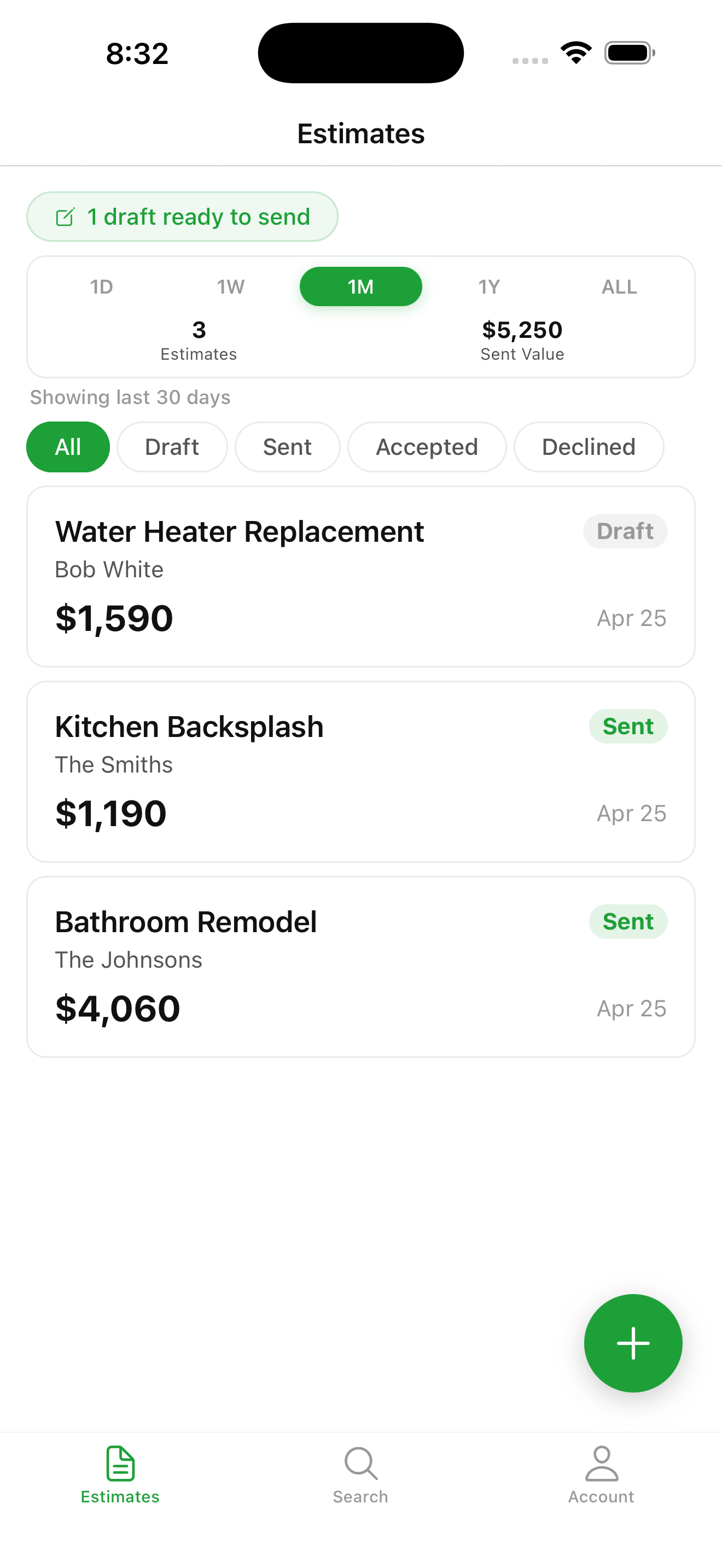 Roy Estimator dashboard showing a list of estimates